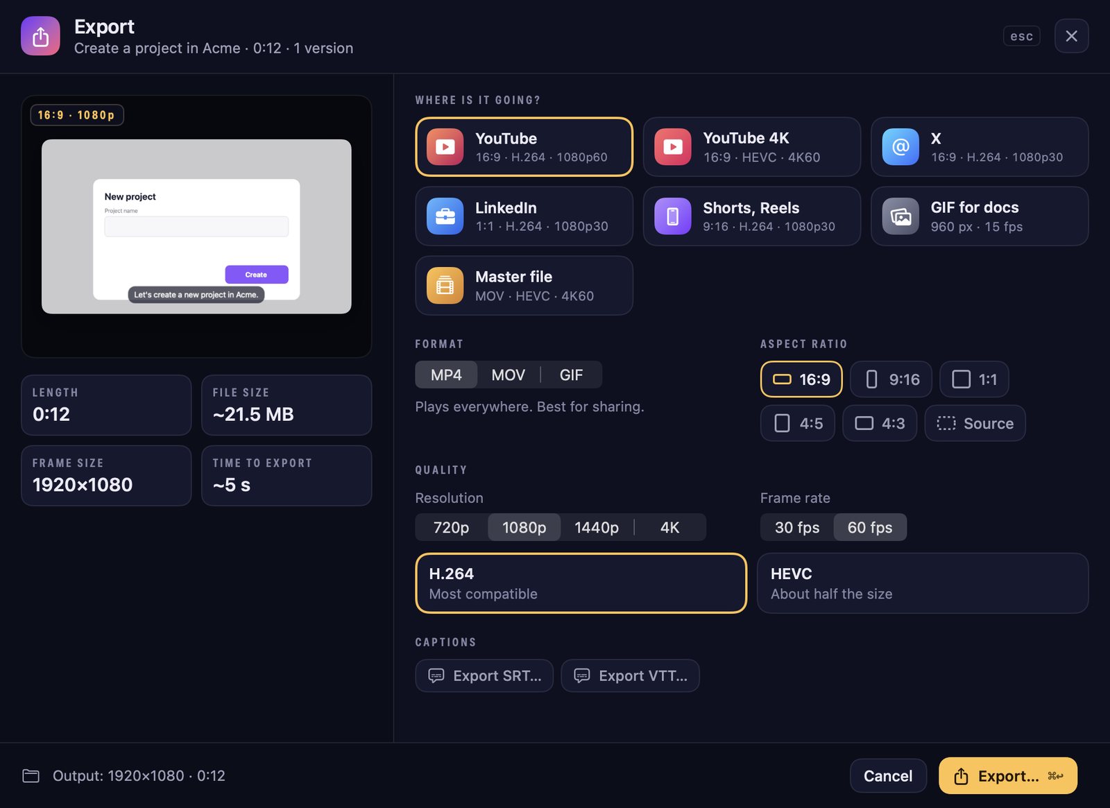 The ZumCast Export window: a preview with length, file size, frame size and time to export; destination presets for YouTube, YouTube 4K, X, LinkedIn, Shorts and Reels, GIF for docs and Master file; format, aspect ratio, resolution, frame rate and codec; and caption file buttons.